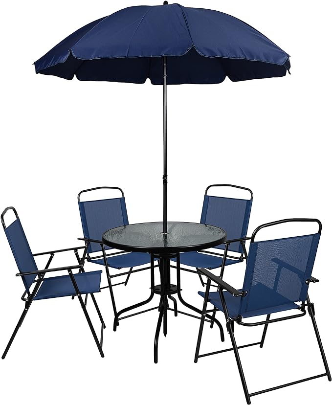 Flash Furniture Nantucket 6-Piece Patio Dining Set with Glass Table, 4 Folding Chairs, and Umbrella, Outdoor Patio Table, Chairs, Umbrella Set, Navy