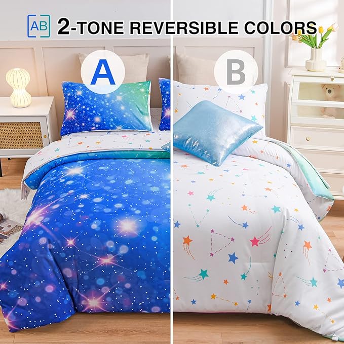 A Nice Night 6Pcs Gradient Glitter Bedding Set for Girls, Colorful Rainbow Galaxy Comforter Set, Ultra Soft Bedding Sets (Blue-Green,Full 6Pcs)