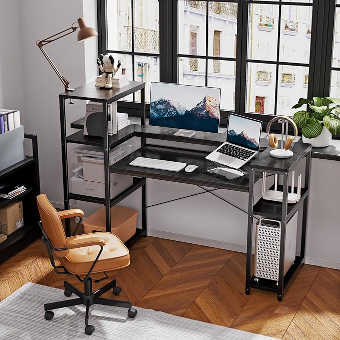 63-Inch Home Office Desk with Storage Shelves, Gaming Computer Desk with Monitor Stand and Printer Shelf for Study, Writing, PC Work