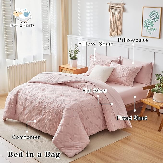 6 Pieces Tufted Bed in a Bag Twin Comforter Set with Sheets Blush, Soft and Embroidery Shabby Chic Boho Bohemian, Luxury Solid Color with Diamond Pattern, Jacquard Tufts Bedding Set for Kids Girls
