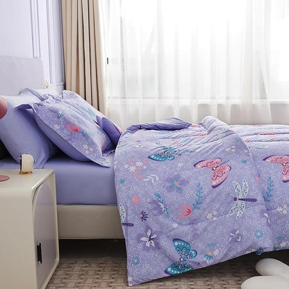 Mooreeke Bed in a Bag for Kids Girls Teens, 6 Pieces Twin Size Comforter Bed Set with Shams, Sheet Set and Decorative Toy Pillow, Butterfly Purple Super Soft Microfiber Kids Comforter Bedding Set