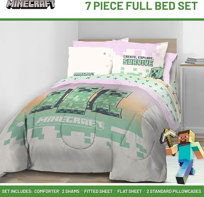 Minecraft Creeper Full Comforter Set - 7 Piece Bedding includes Sheet Set & Pillow Covers - Super Soft Pink & Green Kids Bedding