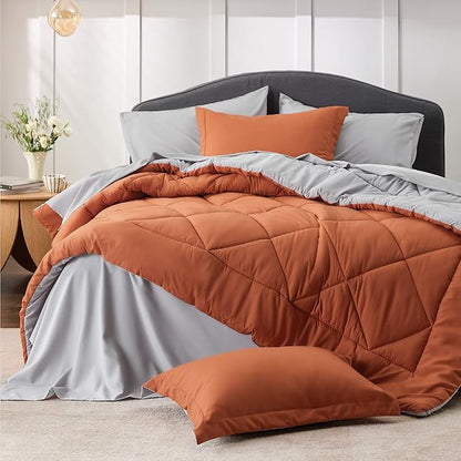 Bedsure Burnt Orange King Size Comforter Set - 7 Pieces Reversible King Bed in a Bag King Bed Set with Comforters, Sheets, Pillowcases & Shams, King Bedding Sets
