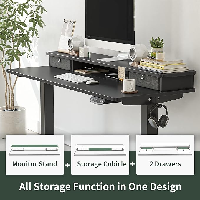 FEZIBO 40 x 24 Inch Height Adjustable Electric Standing Desk with Double Drawer, Stand Up Desk with Storage Shelf, Sit Stand Desk, Black