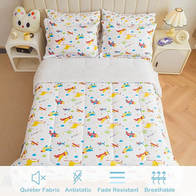 Mooreeke Bed in a Bag for Kids Boys Teens, 7 Pieces Full Size Aircraft Print Comforter Bed Set with Shams, Sheet Set, Airplane White Super Soft Microfiber Kids Comforter Bedding Set