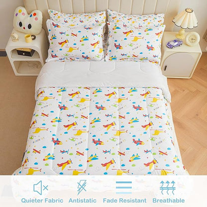Mooreeke Bed in a Bag for Kids Boys Teens, 7 Pieces Full Size Aircraft Print Comforter Bed Set with Shams, Sheet Set, Airplane White Super Soft Microfiber Kids Comforter Bedding Set
