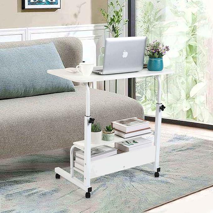 Adjustable White Home Office Desk with Storage and Detachable Wheels - 15.7 x 31.5 Inch