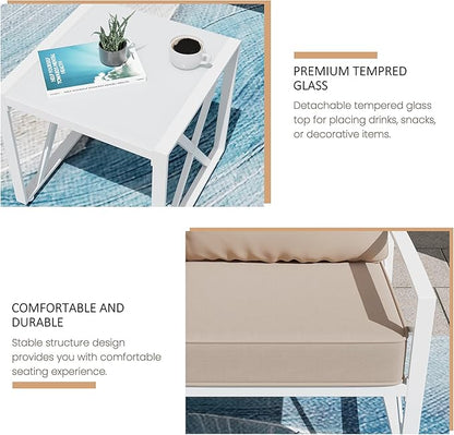 Shintenchi 3 Piece White Metal Outdoor Furniture Sectional Set, Modern Outdoor Metal Chair Conversation Furniture Set with Coffee Table for Patio,Backyard,Balcony (Khaki)