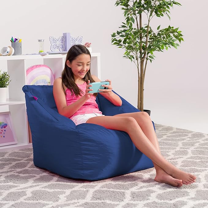 Posh Creations Coronado Bean Bag Boys and Girls Large Chair for Kids, for Gaming and Playrooms, Soft Nylon-Navy
