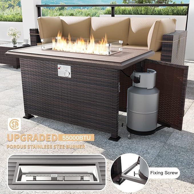 Kullavik 15 Pieces Outdoor Patio Furniture Set with 43" 55000BTU Gas Propane Fire Pit Table PE Wicker Rattan Sectional Sofa Patio Conversation Sets,Khaki