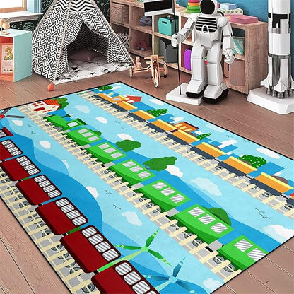 Train Rug Car Rug Play Mat Truck Rugs for Boys Room Kids Car Rug Truck Car Rug Car Carpet for Kids Kids Rugs for Playroom Car Rug for Boys Room,Light Blue 3'×5'
