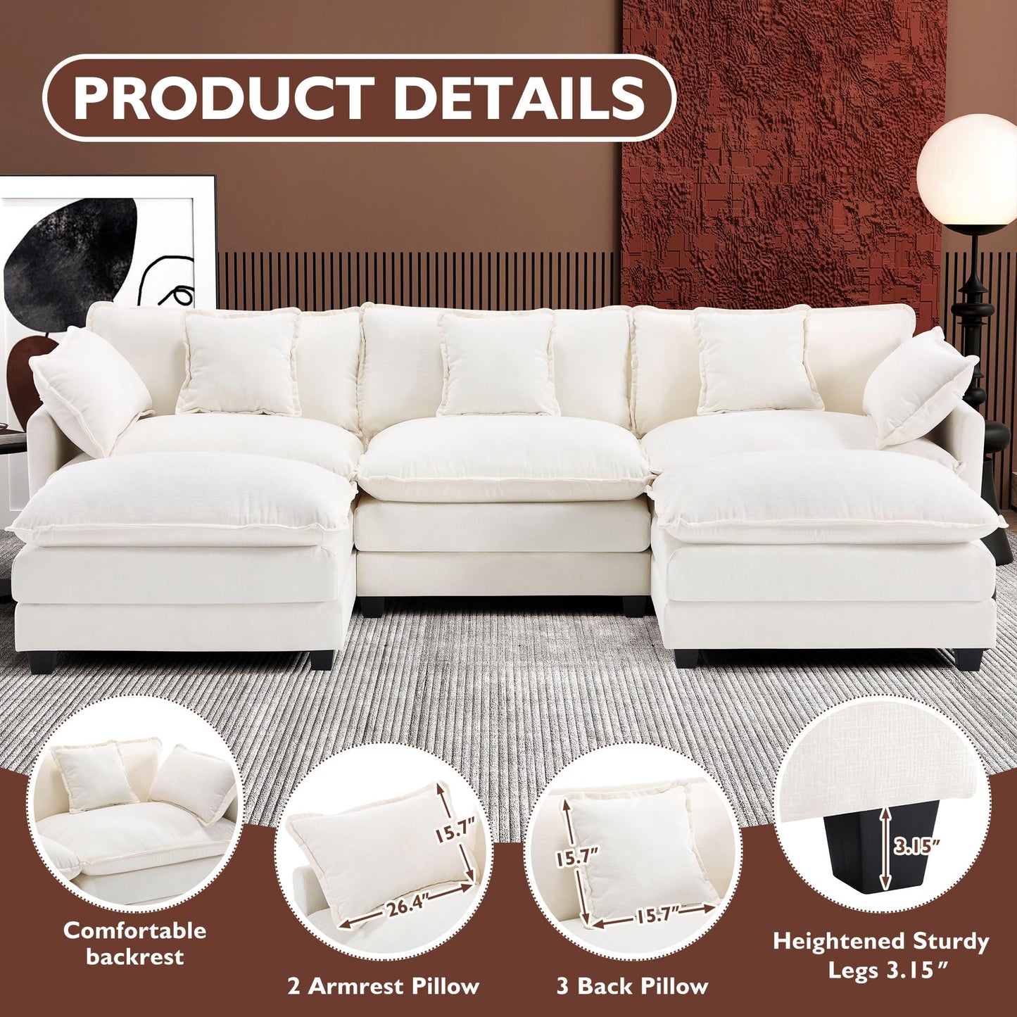 Ihanherry 111.4" L Shaped Modern Sofa Modular Sectional Cloud Couch with Ottoman, 4-Seat Chenille Deep Seat Sofa with Pillow for Living Room, Bedroom and Apartment, Beige