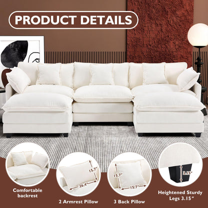 Ihanherry 111.4" L Shaped Modern Sofa Modular Sectional Cloud Couch with Ottoman, 4-Seat Chenille Deep Seat Sofa with Pillow for Living Room, Bedroom and Apartment, Beige