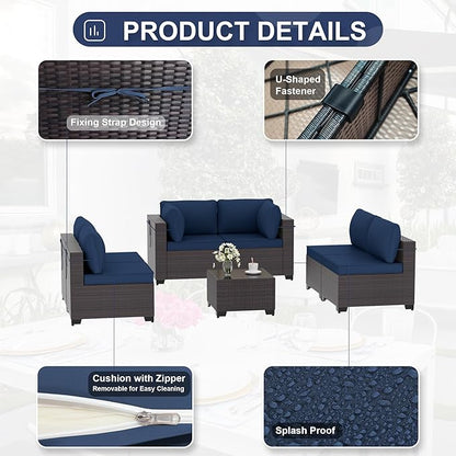 Patio Furniture Set 7-Pieces Outdoor Furniture for Backyard Wicker Sectional Sofa Set, Rattan Patio Conversation Set with Thickened Cushions and Glass Coffee Table, Navy Blue
