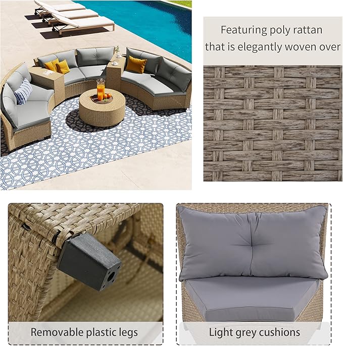 9 Pieces Outdoor Furniture Half Moon Wicker Patio Sets with Coffee Table, All-Weather Fan-Shaped Curved Sectional Sofa Couch with Gray Cushions, Onesize, Brown Rattan