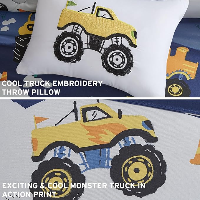 Mi Zone Kids Queen Comforter Set for Boys 4 Piece Monster Truck Comforter Set, Queen Bedding Set, Teen Microfiber Bed Set, Matching Shams, Embroidered Truck Throw Pillow, Full/Queen, Blue