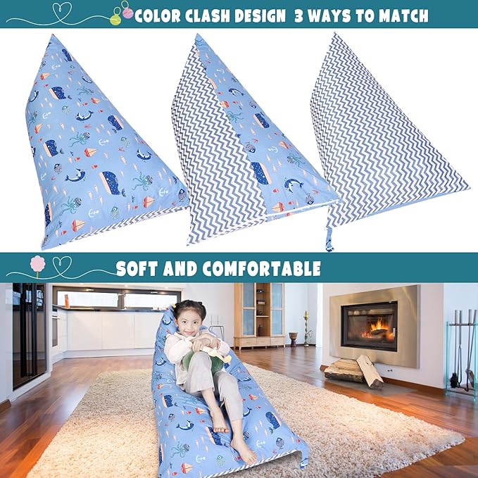Stuffed Animal Storage Bean Bag Chair Cover, Cotton Blue Marine Life Plush Toy Storage Stuff and Sit Seat for Kids/Teens/Adults,52" x 31" Extra Large Triangle Floor Sofa, 200L/52Gal,Cover Only
