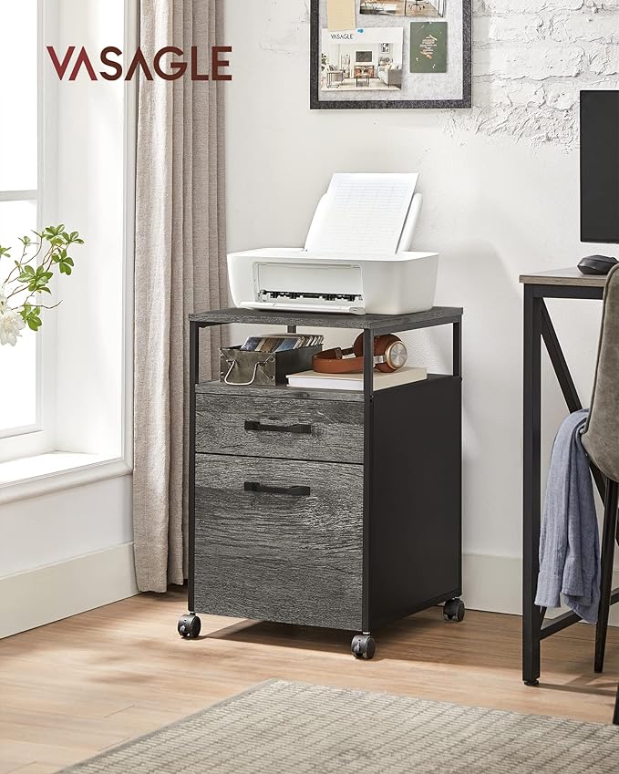 VASAGLE File Cabinet, Mobile Filing Cabinet with Wheels, 2 Drawers, Open Shelf, for A4, Letter Size, Hanging File Folders, Charcoal Gray and Black UOFC071B04