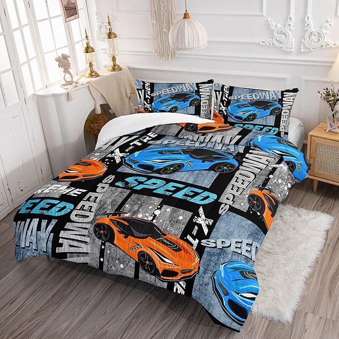 Datura home Sports Car Comforter Set Vintage Racing Car Printed Quilt Bedding Set with 1 Comforter and 2 Pillowcases for Boys and Girls Bedroom All Season(Sports Car Twin)