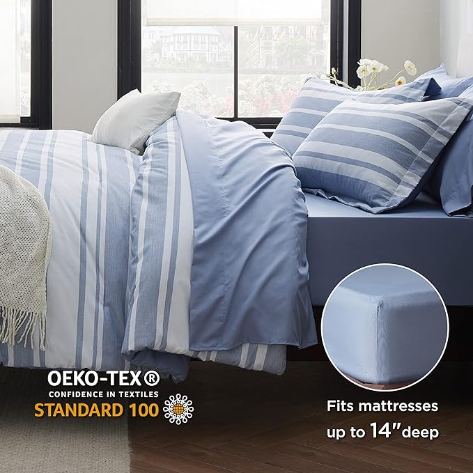 Bedsure Bed in a Bag Queen 7 Pieces - Blue Striped Comforter Set Queen All Season Bed Set, Bed Set Queen Size with 1 Comforter, 1 Flat Sheet, 1 Fitted Sheet, 2 Pillowcases & 2 Shams
