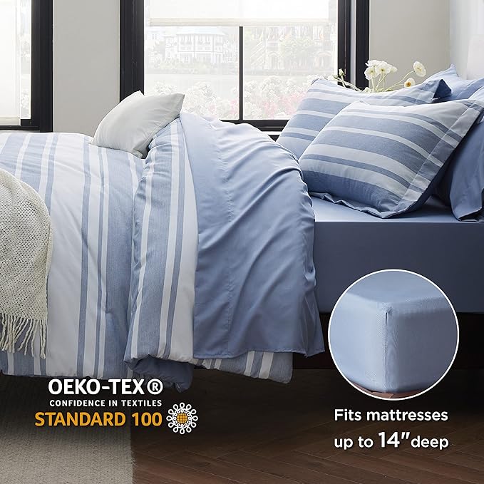 Bedsure Full Size Comforter Set 7 Pieces, Blue White Striped Bedding Comforter Sets All Season Bed Set, Bed in a Bag Full with Comforter, Sheets, Pillowcases & Shams