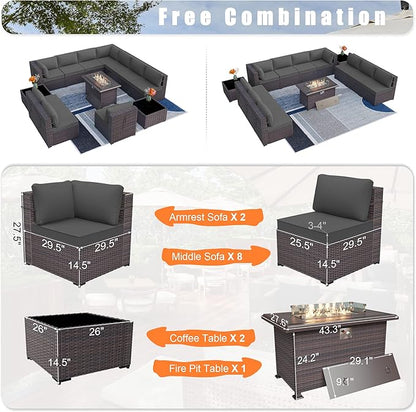 Patio Furniture Set with Fire Pit Table 13-Pieces Outdoor Sectional Furniture Outdoor Rattan Patio Conversation Sets with 43in 55,000 BTU Propane Gas Fire Pit Table Glass Table, Grey