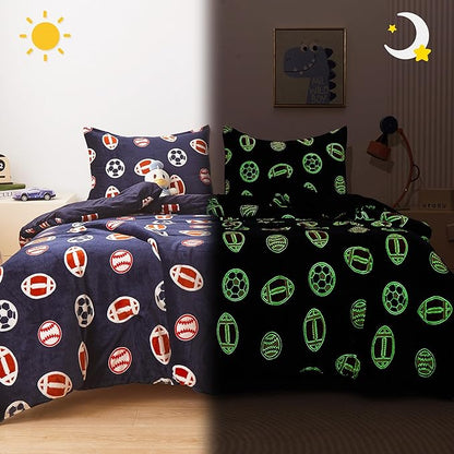 Mooreeke Glow in The Dark Full Plush Fleece Comforter Bed Set, Soft & Warm 3 Piece Bed in A Bag with Sham, Velour Velvet Football Basketball Soccer Rugby Boys Kids Bedding Set, Fluffy Fuzzy Polar Cozy