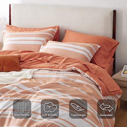 Bedsure Bed in a Bag Full Size 7 Pieces, Burnt Orange White Striped Bedding Comforter Sets All Season Bed Set, 2 Pillow Shams, Flat Sheet, Fitted Sheet and 2 Pillowcases