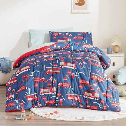 SLEEP ZONE Kids Bedding Twin Comforter Set - Super Soft & Cute Printed 2-Piece Comforter Set All Seasons for Boys, Girls, Fade Resistant, Machine Washable, Fire Truck