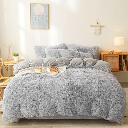 FOPPA Gray fluffy Comforter Cover Set king- Ultra Soft fluffy gray Bedding Sets 3 Pieces (1 Duvet Cover + 2 Pillow case) pink fluffy bed set (Gray, King)