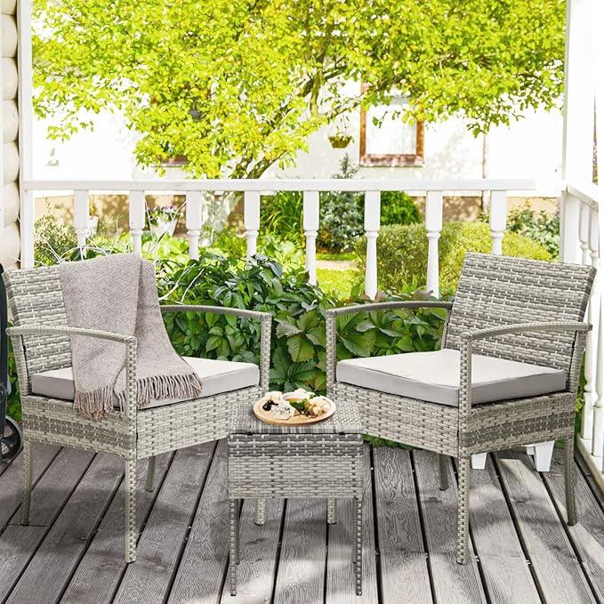 3 Pieces Patio Furniture Set, Balcony Furniture, Patio Bistro Set All-Weather Wicker Chairs Conversation Set with Cushions Table for Outdoor Backyard Porch Lawn (Grey-Grey)