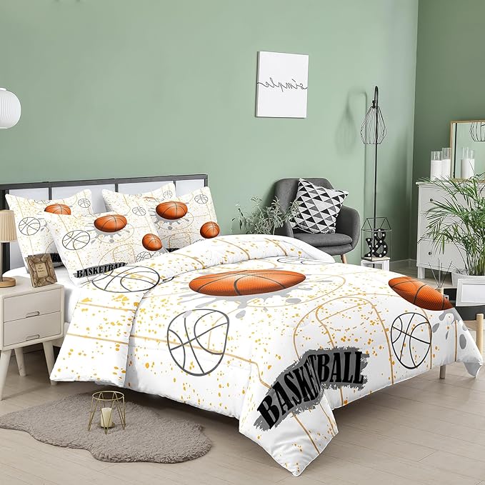 NINENINE White Basketball Comforter Sets for Teen Boys Full Size Sports Bedding White and Gold Comforter Sets with 1 Comforter 2 Pillowcases