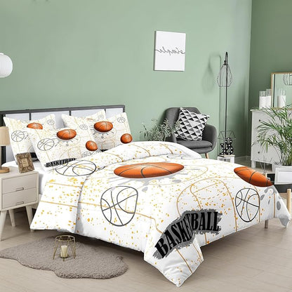 NINENINE White Basketball Comforter Sets for Teen Boys Full Size Sports Bedding White and Gold Comforter Sets with 1 Comforter 2 Pillowcases