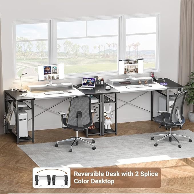 armocity Computer Desk, 55 Inch Desk with Power Outlet and USB, Reversible Large Desk with Moveable Monitor Stand, Industrial Gaming PC Table for Home Office, Workstation, White and Black