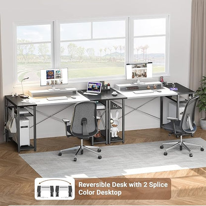 armocity Computer Desk, 55 Inch Desk with Power Outlet and USB, Reversible Large Desk with Moveable Monitor Stand, Industrial Gaming PC Table for Home Office, Workstation, White and Black