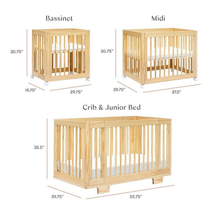 Babyletto Yuzu Convertible All-Stages Bassinet, Midi, Full-Size Crib in Natural, Greenguard Gold Certified, Portable & Adjustable with Conversion Kits and Pads Included