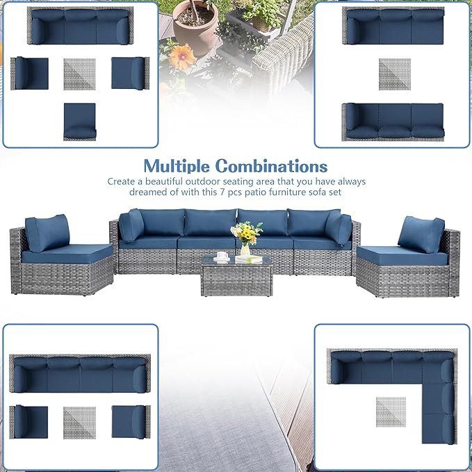 Shintenchi 7 Pieces Outdoor Patio Sectional Sofa Couch, Silver Gray PE Wicker Furniture Conversation Sets with Washable Cushions & Glass Coffee Table for Garden, Poolside, Backyard (Aegean Blue)