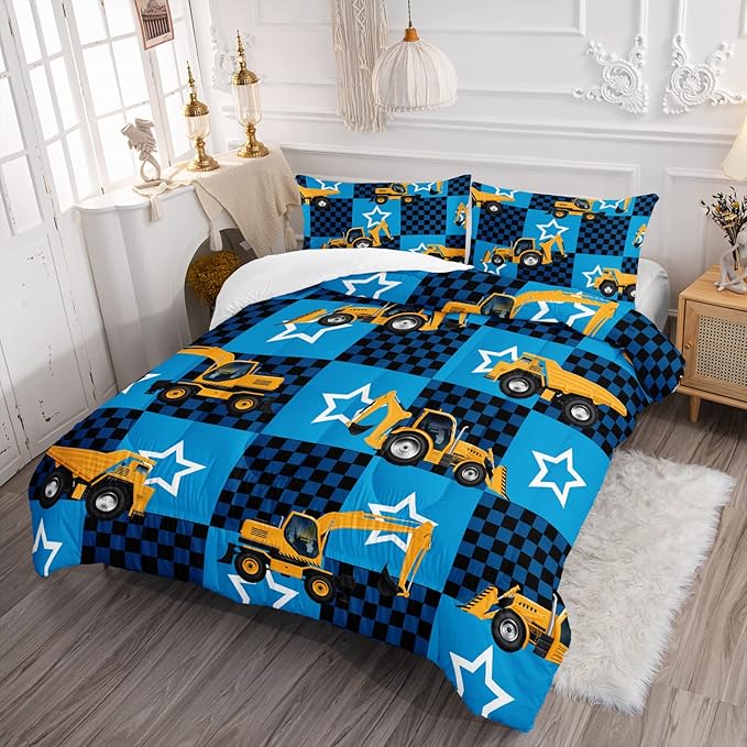 Axolotl Excavator Comforter Set Full Size,Blue Plaid Comforter Set with Star,Excavator Bedding Set for Kids Boys Teens,Construction Vehicle Comforter Set for Boys,1 Quilt 2 Pillowcases