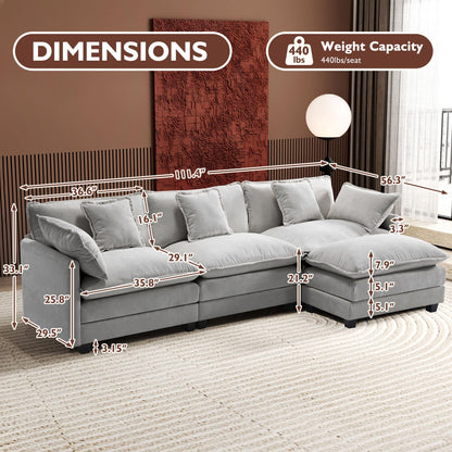 Ihanherry 111.4" L Shaped Modern Sofa Modular Sectional Cloud Couch with Ottoman, 4-Seat Chenille Deep Seat Sofa with Pillow for Living Room, Bedroom and Apartment, Beige