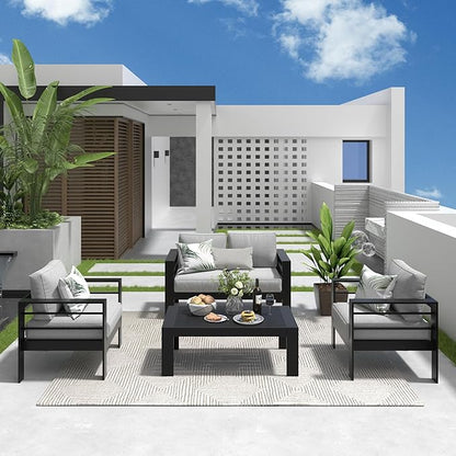 Solaste Outdoor Aluminum Furniture Set - 4 Pieces Patio Sectional Chat Sofa Conversation Set with Table,Black Frame and Grey Cushion