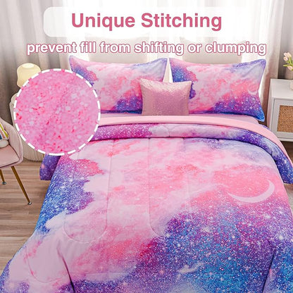 A Nice Night Galaxy Bedding Sets Outer Space Comforter 3D Printed Space Quilt Set Queen 6Pcs Glitter Pink,for Children Boy Girl Teen Kids