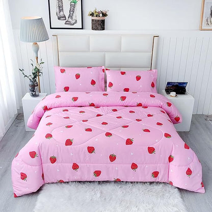 SDY 3PCS Full Size Strawberry Comforter Set, Girls Full Size Comforter Sets, Strawberry Bedroom Decor Cute Comforter Set, Kawaii Bedding Set Pink Comforter for Kids, Children, Teen…