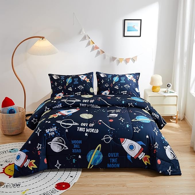 beeweed 5 Piece Kid Comforter Set Twin Size, Space Rocket Bedding Set for Teen Boys Girls