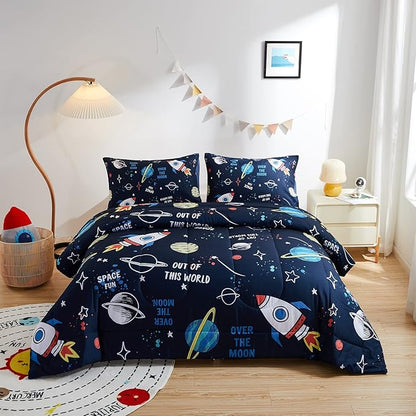 beeweed 5 Piece Kid Comforter Set Twin Size, Space Rocket Bedding Set for Teen Boys Girls