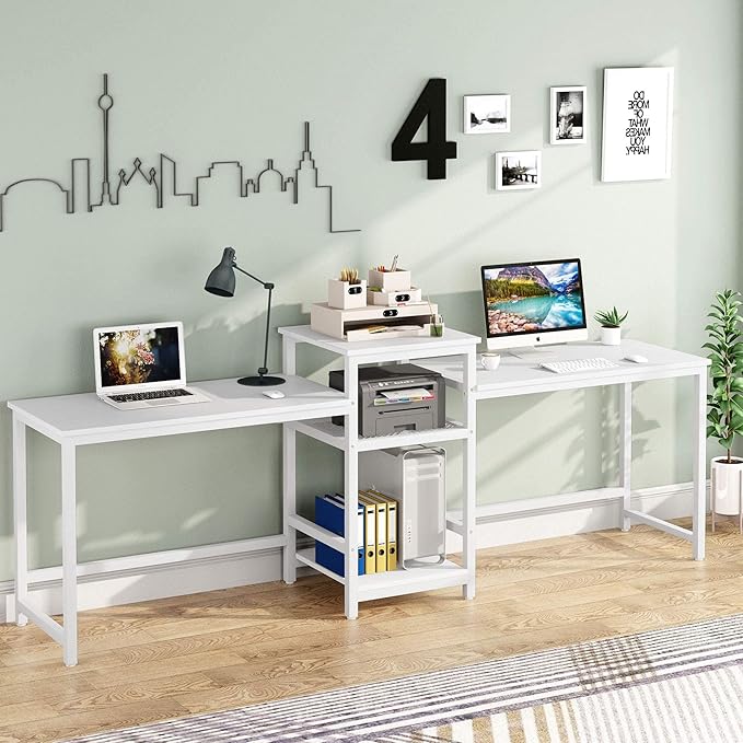 Tribesigns 96.9" Double Computer Desk with Printer Shelf, Extra Long Two Person Desk Workstation with Storage Shelves, Large Office Desk Study Writing Table for Home Office, White