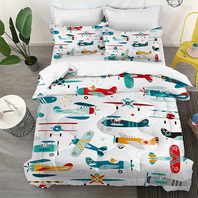 Kids Airplane Comforter Set Twin Size Colorful Cartoon propeller plane Bedding Set Kids Boys Teens Young Man Cartoon Airplanes Down Comforter Aviation Theme Duvet Bedroom Decor
