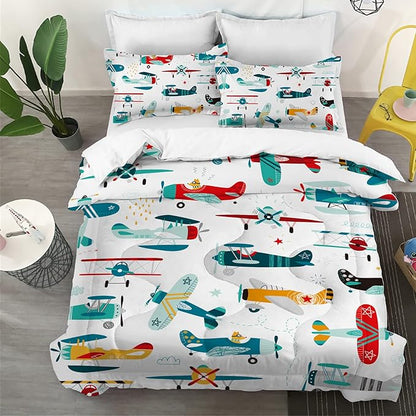 Kids Airplane Comforter Set Twin Size Colorful Cartoon propeller plane Bedding Set Kids Boys Teens Young Man Cartoon Airplanes Down Comforter Aviation Theme Duvet Bedroom Decor