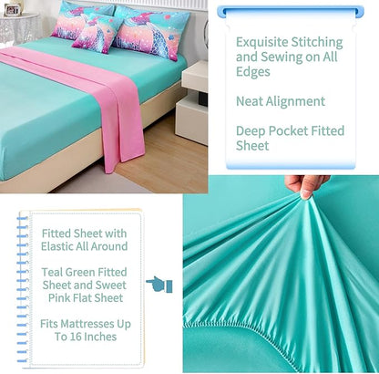 RYNGHIPY Kids Girls Comforter Set 6Pcs, Mermaid Bed in a Bag Twin Size, Fish Tail Print Teens Girls Bedding Set, Rainbow Bedding Collections