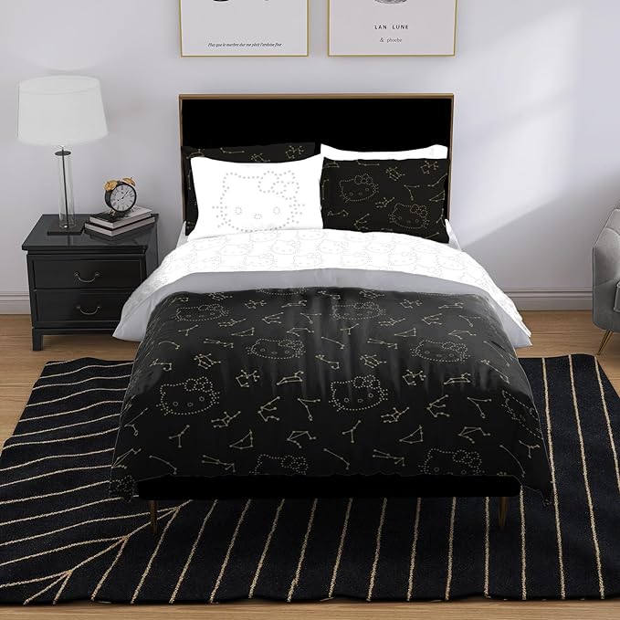 Jay Franco Hello Kitty Stars Full Comforter Set - 7 Piece Bedding includes Sheet Set & Pillow Covers - Super Soft Zodiac Black & Gold Bedding