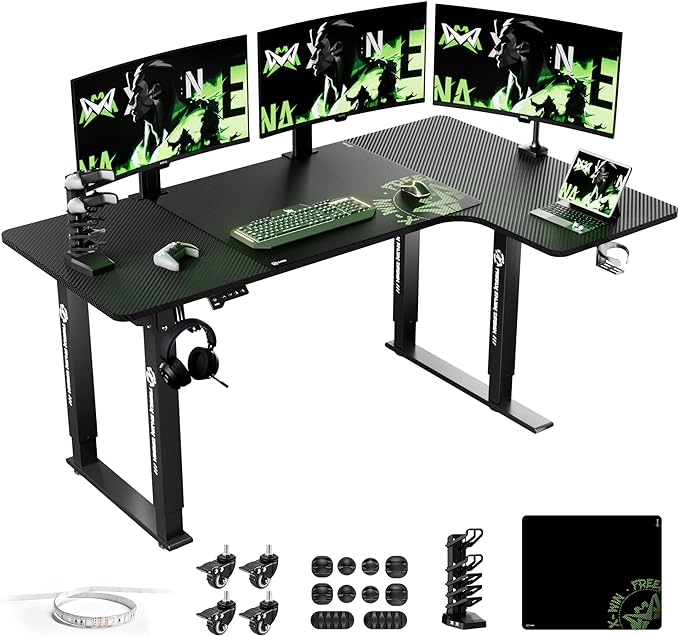 X-WIN 63 Inches L-Shaped Electric Standing Desk, Dual Motor Height Adjustable Stand Up Corner Desk, Sit to Stand Workstation with Locking Wheels, Carbon Fiber Top